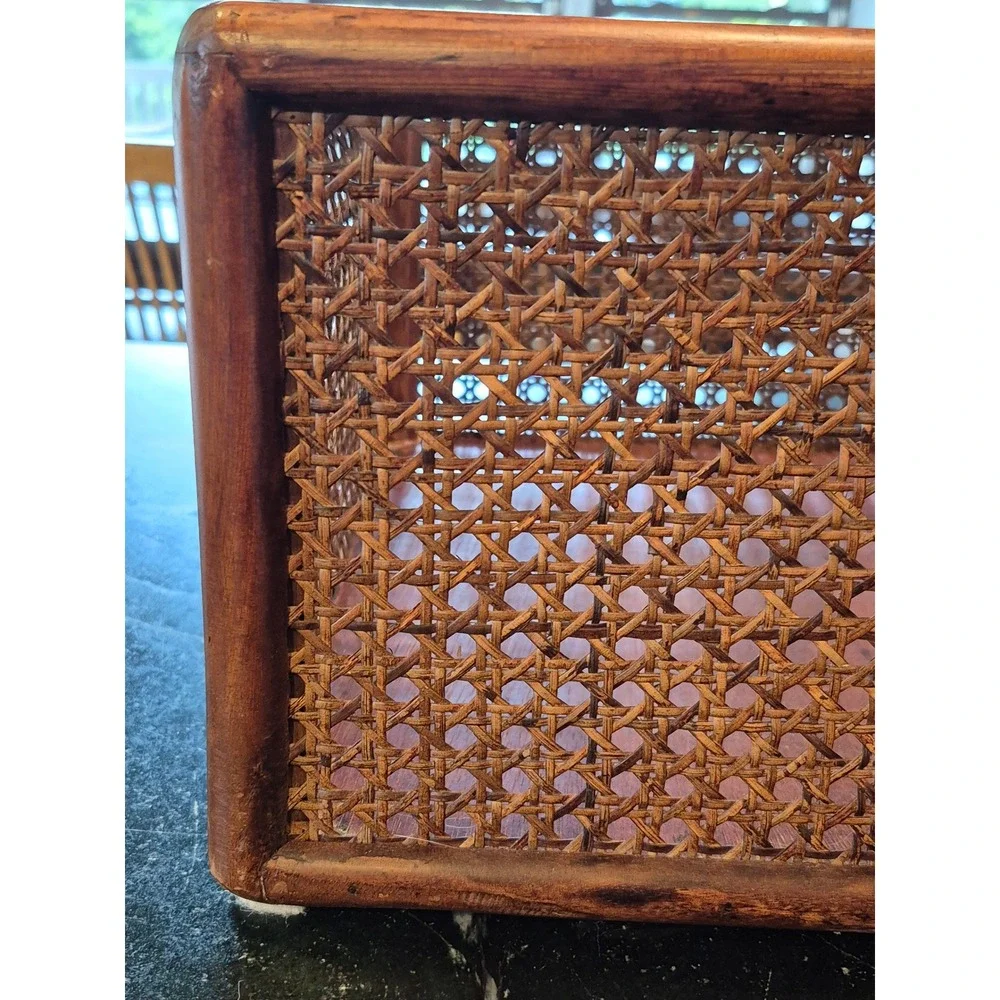 Vintage MCM Woven Cane Rattan Wood Storage Basket Magazine Holder Boho Decor